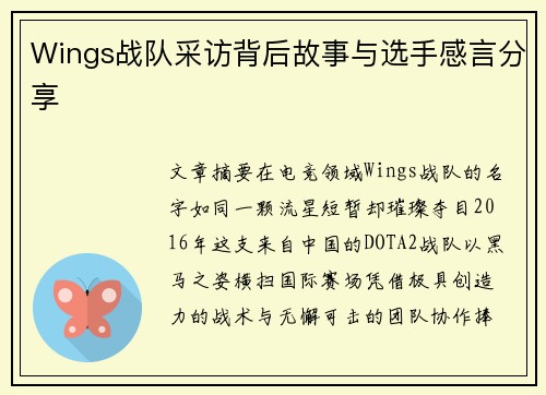 Wings战队采访背后故事与选手感言分享