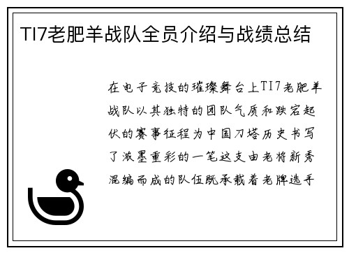 TI7老肥羊战队全员介绍与战绩总结