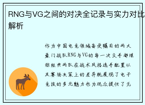 RNG与VG之间的对决全记录与实力对比解析